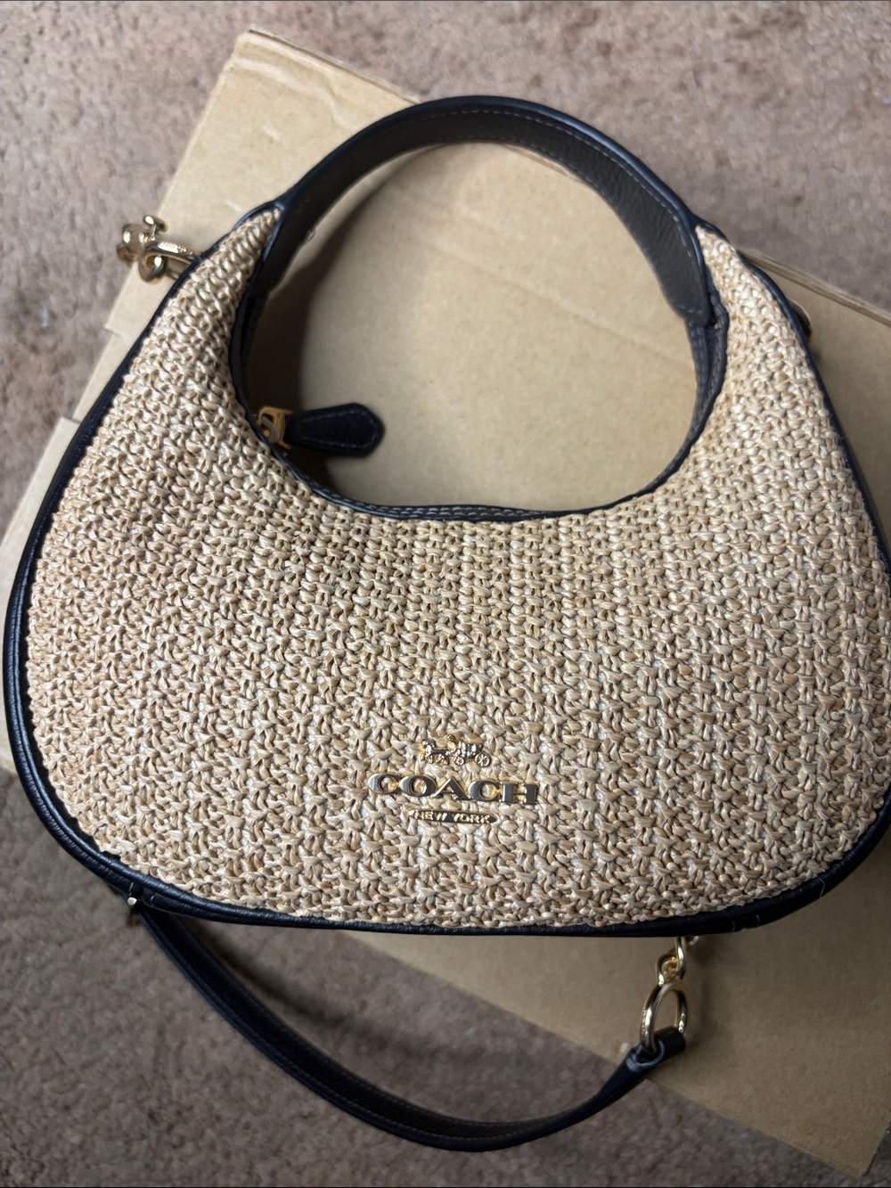 Coach Mini Carmen Crescent Bag in Natural with Black Trim